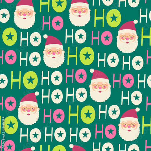 Cute santa claus with hohoho typography design seamless pattern background. Santa claus laugh.