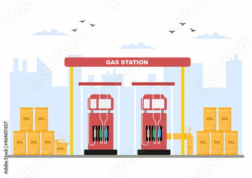 Fototapeta Naklejka Na Ścianę i Meble -  Oil Gas Industry Vector Illustration. Crude Extraction, Refinery Plant, Drilling, Gas Station, Tank use Pipe and Delivery of Fuel by Truck Transportation