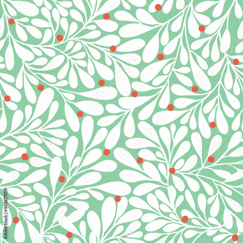 Abstract botanical New Уear Christmas seamless surface with white winter branches and red berries in limited pale colors for textiles, fabrics, wallpaper, packaging, cards, invitations, stationery