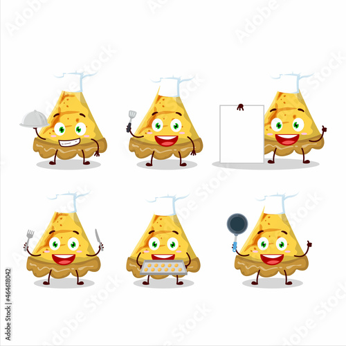 Cartoon character of slice of custard tart with various chef emoticons