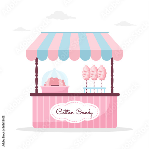Pink cotton candy stall counter. Outdoor market with street food. Vector illustration in flat cartoon style.