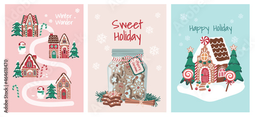 Holiday sweet gingerbread house and sweets illustration set for cards, media, fabric and wallpaper