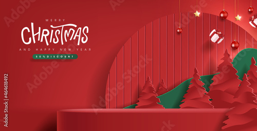 Merry Christmas banner with product display and festive decoration for christmas red background