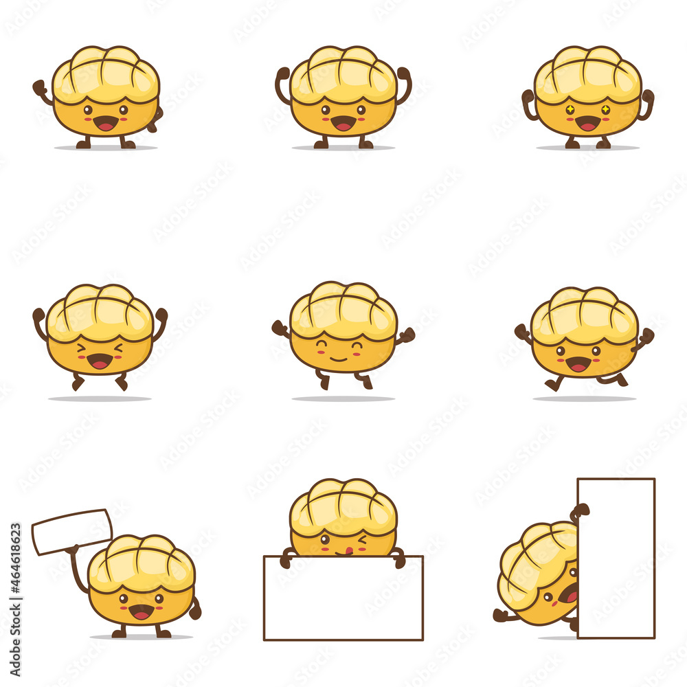 pineapple bun cartoon, Hong Kong style bread vector illustration, with happy facial expressions