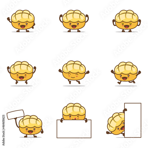 pineapple bun cartoon, Hong Kong style bread vector illustration, with happy facial expressions and different poses