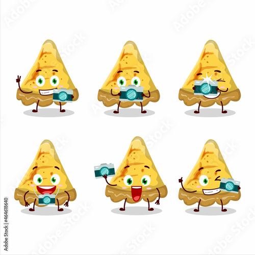 Photographer profession emoticon with slice of custard tart cartoon character