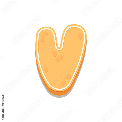 Gingerbread Cookies letter V. Cartoon letter with icing sugar covering. Vector illustration for your design.