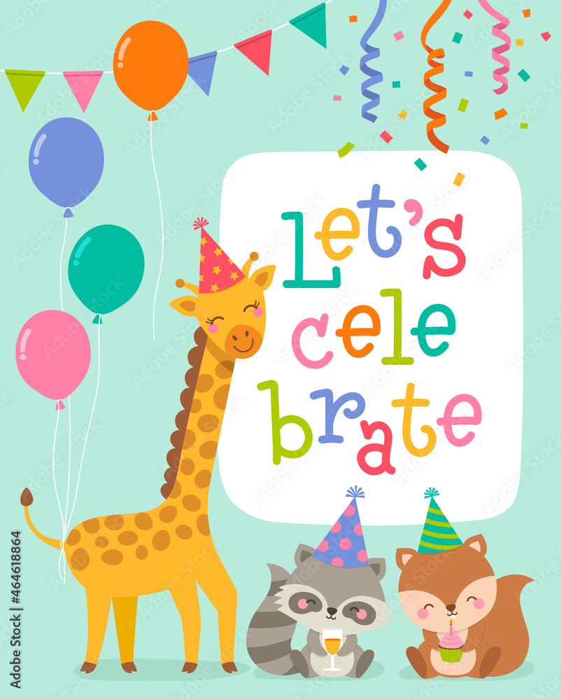 Fototapeta premium Cute cartoon animals illustration for birthday card template.