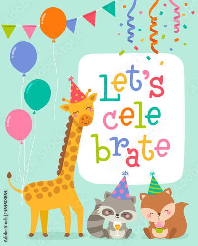 Cute cartoon animals illustration for birthday card template.