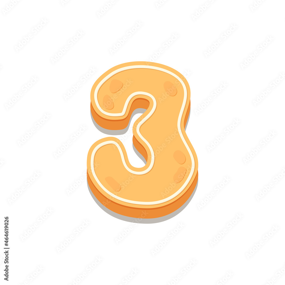 Gingerbread Cookies number three, 3. Cartoon number with icing sugar covering. Vector illustration for your design. Gingerbread Cookies number three, 3. Cartoon number with icing sugar covering. Vector illustration for your design.