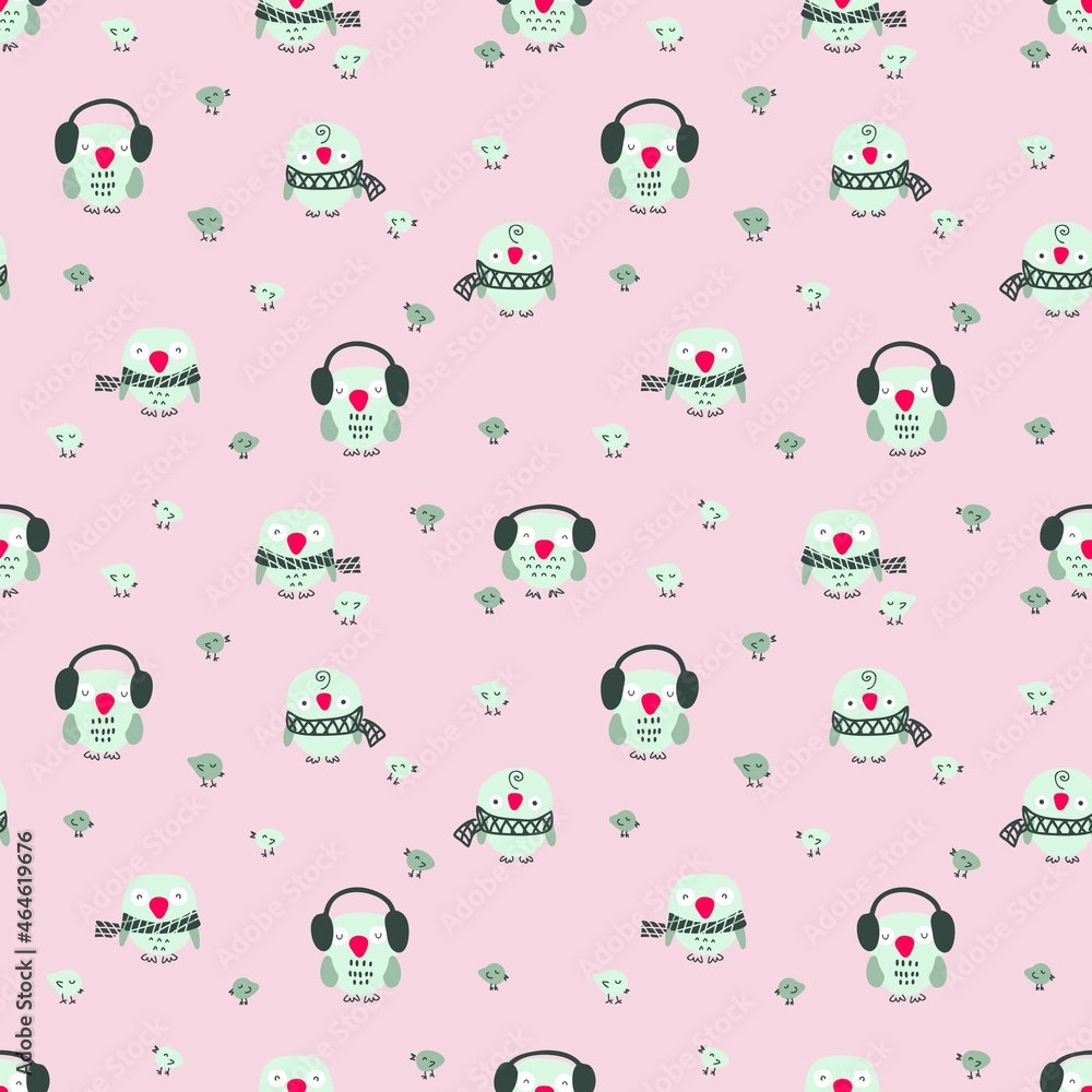 Cartoon style winter seamless pattern with owls and small birds. Perfect for T-shirt, textile and prints. Hand drawn illustration for decor and design. Cartoon style winter seamless pattern with owls and small birds. Perfect for T-shirt, textile and prints. Hand drawn illustration for decor and design.