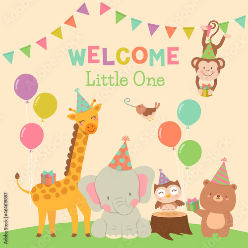 Cute animals cartoon illustration for baby shower card design template