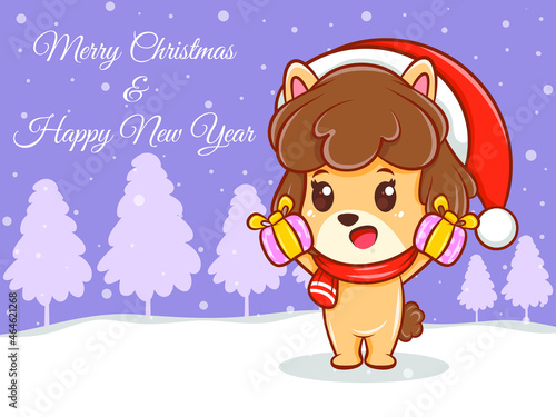 cute puppy cartoon character with merry Christmas and happy new year greeting banner.