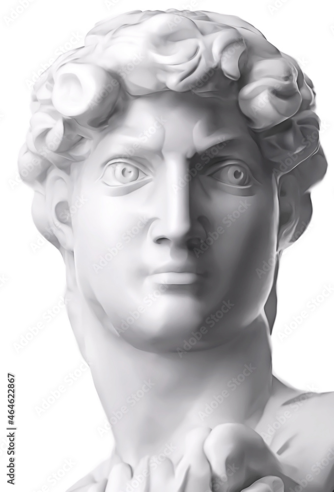 David face of Michelangelo's. Classical plaster bust sculpture. Gypsum head of statue isolated on white background. 3D rendering illustration David face of Michelangelo's. Classical plaster bust sculpture. Gypsum head of statue isolated on white background. 3D rendering illustration