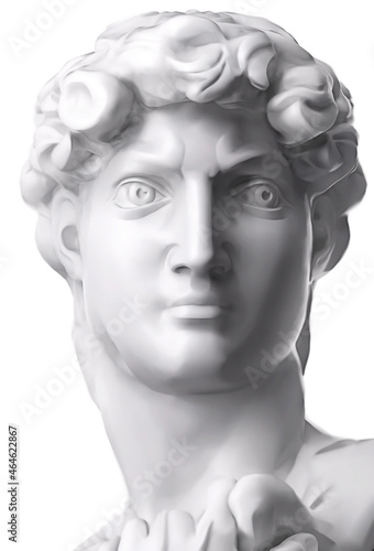 David face of Michelangelo's. Classical plaster bust sculpture. Gypsum head of statue isolated on white background. 3D rendering illustration © Юрий Парменов
