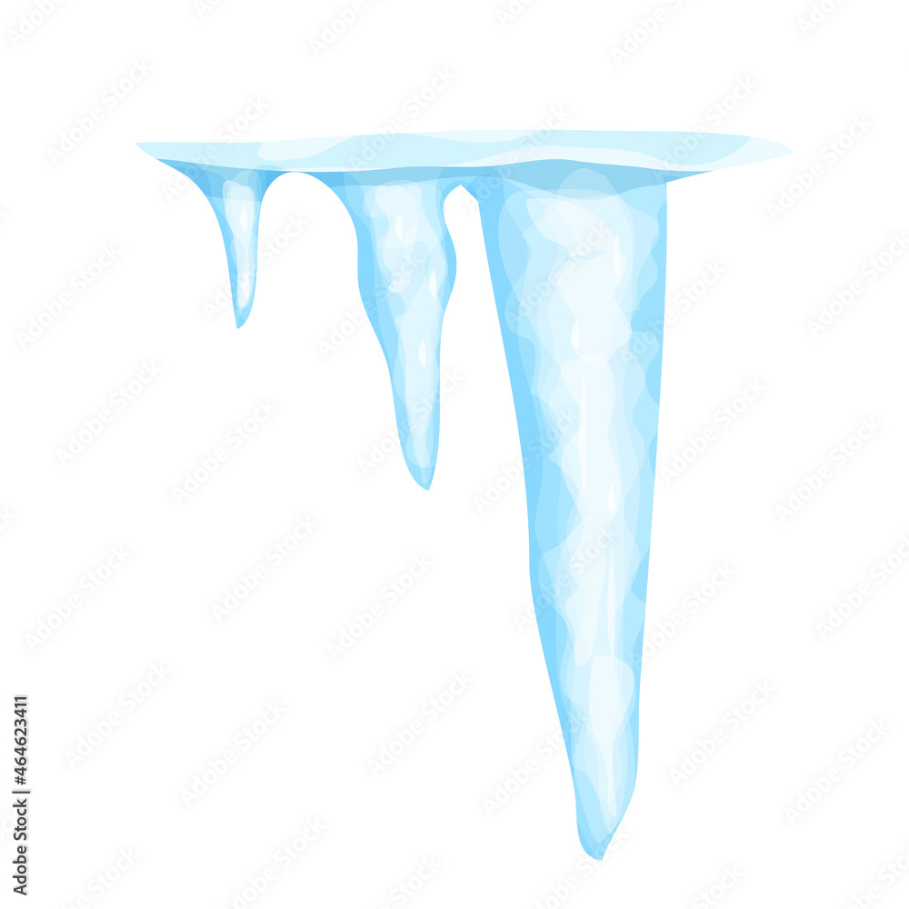Icicles with snow winter decoration, frozen water in cartoon stile isolated on white background. Ice crystals, hanging element. Textured, shiny. Icicles with snow winter decoration, frozen water in cartoon stile isolated on white background. Ice crystals, hanging element. Textured, shiny.