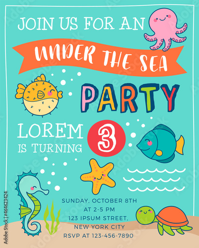 Cute cartoon marine life illustration for party invitation card template.