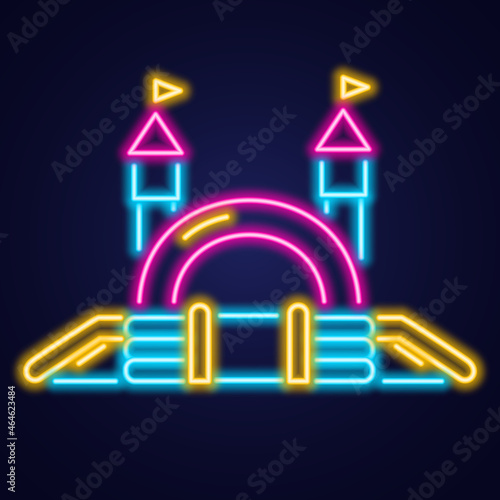 Bouncy castle neon icon. Jumping house on kids playground. Vector illustration.