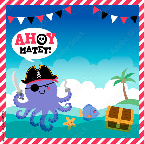 Papier peint Cute pirate octopus illustration with copy space for party invitation card template