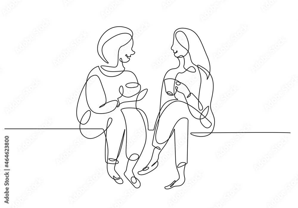 Fototapeta premium Two Women Line Art Drawing. Woman One Line Minimalist Illustration. Female Friendship Minimal Sketch Drawing. Abstract Single Line Vector Art.