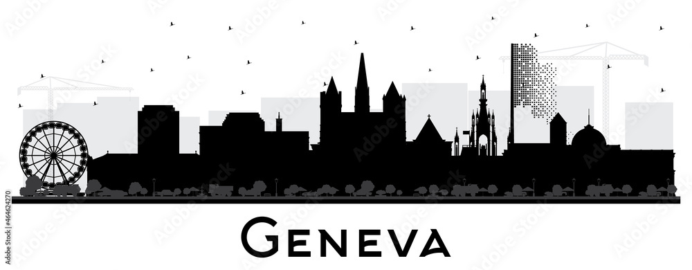 Geneva Switzerland City Skyline Silhouette with Black Buildings Isolated on White.