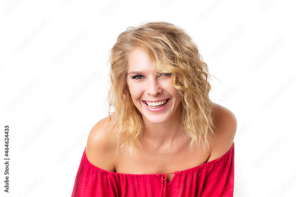Closeup portrait of friendly happy laughining woman isolated at white background. Closeup portrait of friendly happy laughining woman isolated at white background.