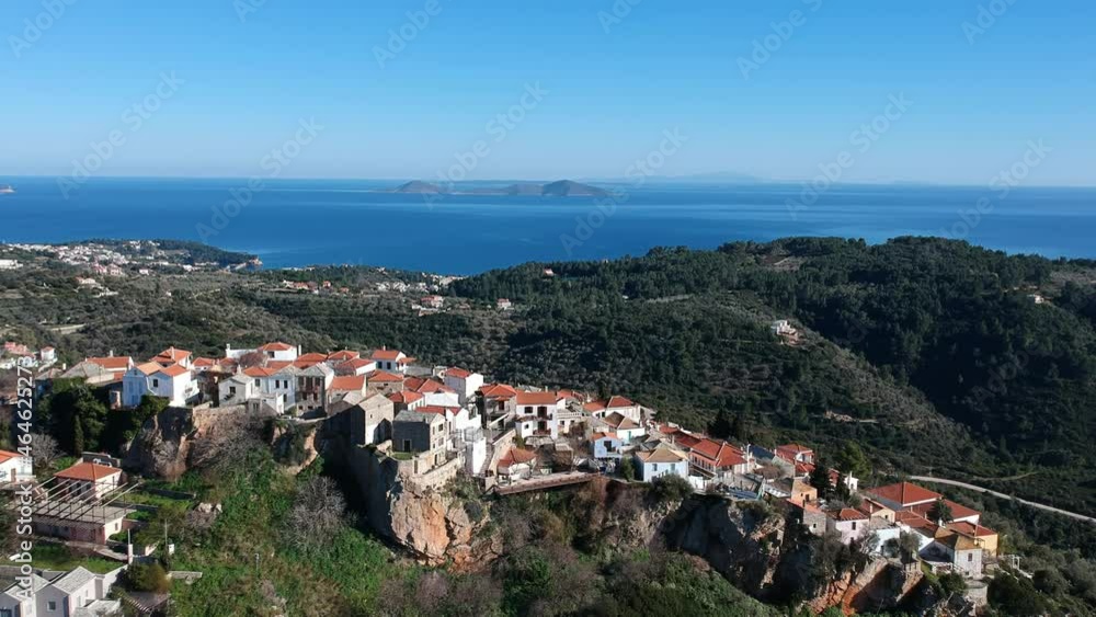 Aerial panoramic view over Chora the beautiful old Village of Alonnisos island, Sporades, Greece Aerial panoramic view over Chora the beautiful old Village of Alonnisos island, Sporades, Greece