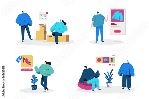 Shopping, browsing and delivery of items online, purchasing clothes online flat illustration