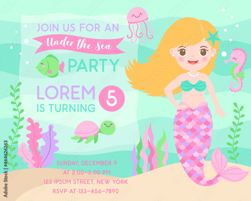 Cute mermaid and marine life illustration for party invitation card template.