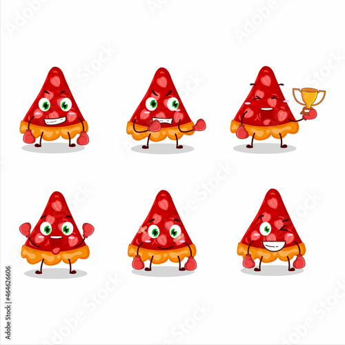 A sporty slice of strawberry tart boxing athlete cartoon mascot design