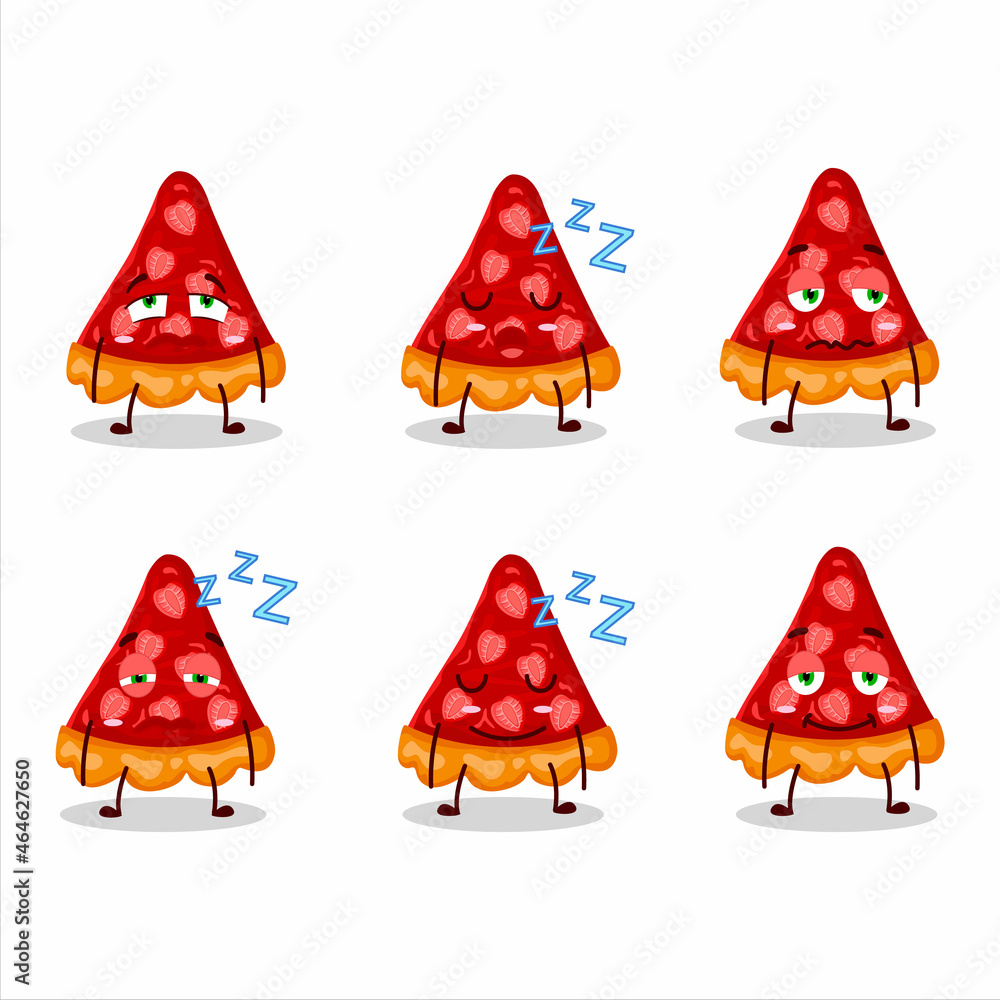 Cartoon character of slice of strawberry tart with sleepy expression Cartoon character of slice of strawberry tart with sleepy expression