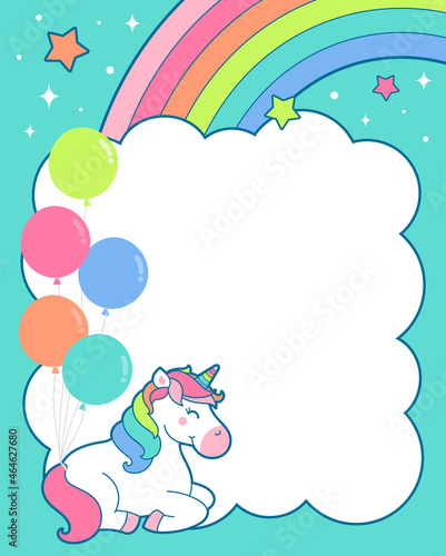 Cute unicorn with balloons and cloud shaped copy space for party invitation card template.