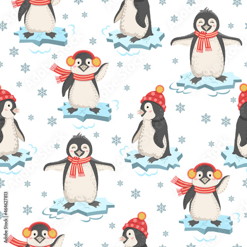 Vector seamless pattern with cute penguins on ice floes. Nordic funny cartoon pets. Scadinavian style. Template for textiles, wrapping paper, clothing. © Artfurskaty