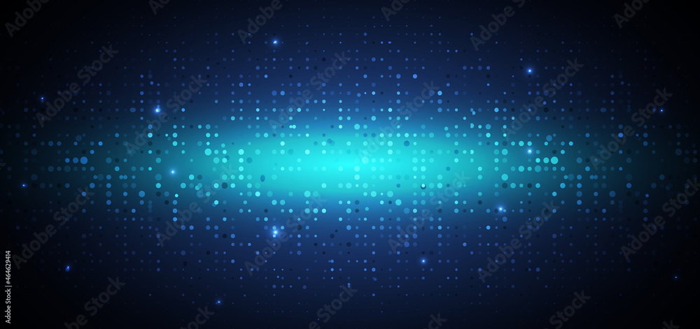 Abstract technology futuristic digital concept dot pattern with lighting glowing particles square elements on dark blue background.