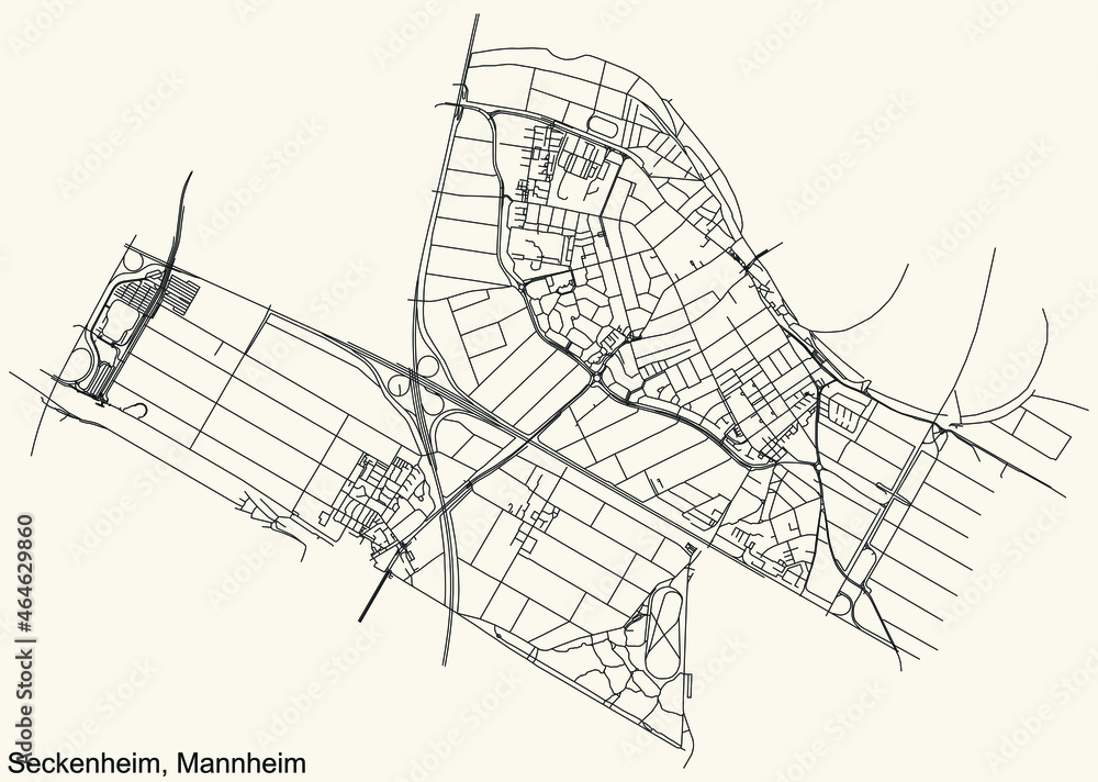 Detailed navigation urban street roads map on vintage beige background of the quarter Seckenheim district of the German regional capital city of Mannheim, Germany
