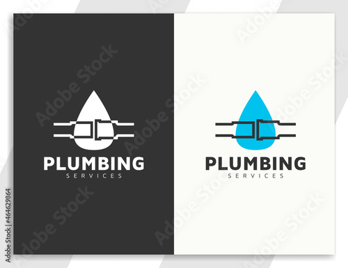 Plumbing services logo with pipe and waterdrop symbol concept