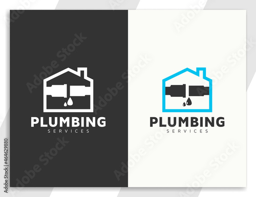 Plumbing services logo with home, pipes and waterdrop illustration