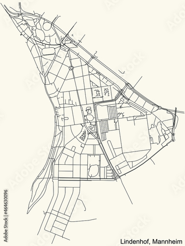 Detailed navigation urban street roads map on vintage beige background of the quarter Lindenhof district of the German regional capital city of Mannheim, Germany