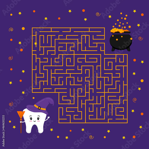 Halloween maze game tooth witch and cauldron. Help cute halloween teeth witch with hat and broom to find right her pot in labyrinth Vector illustration in cartoon flat style for kids dental education.