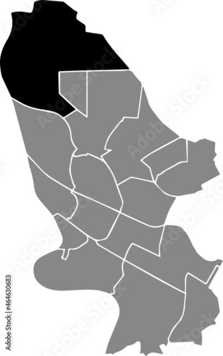 Black location administrative map of the Sandhofen district inside gray urban districts map of the German regional capital city of Mannheim, Germany