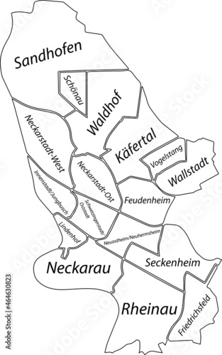 Simple white vector administrative map with black borders and name tags of urban city districts of Mannheim, Germany
