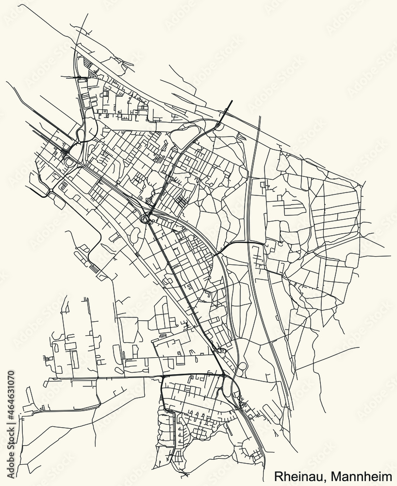 Detailed navigation urban street roads map on vintage beige background of the quarter Rheinau district of the German regional capital city of Mannheim, Germany