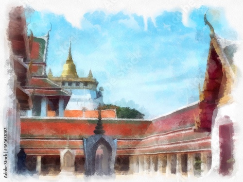 Ancient architecture of Thailand watercolor style illustration impressionist painting.