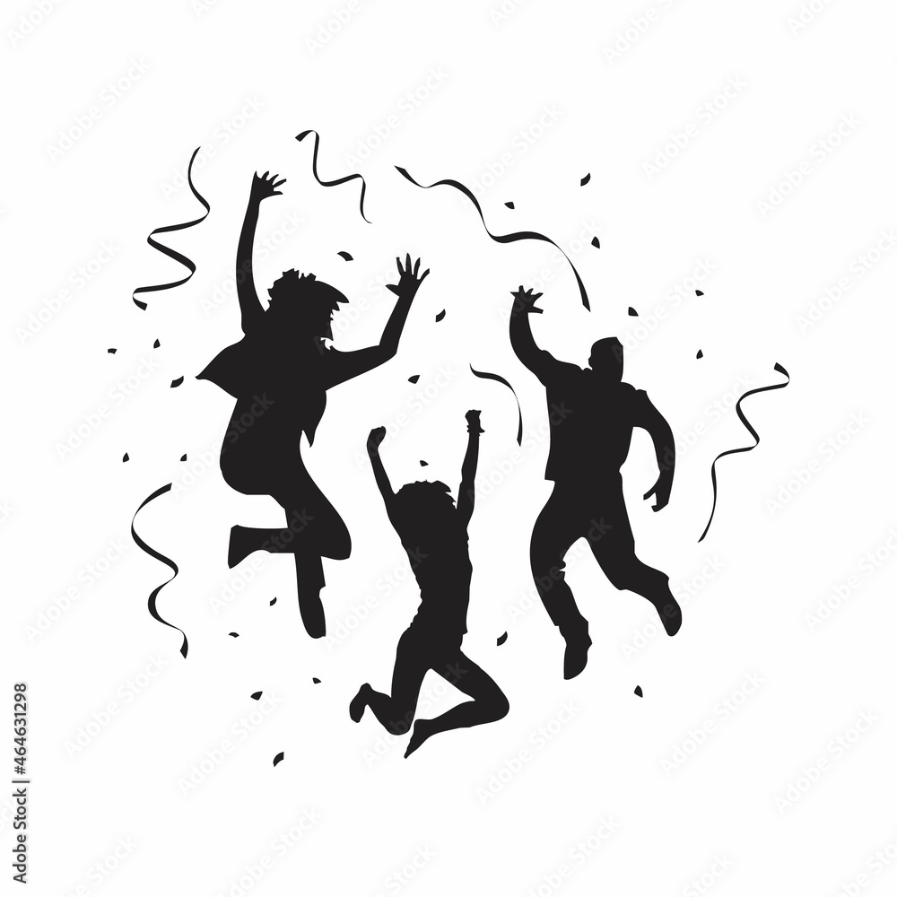 Silhouette happy people jumping celebration with confetti illustration