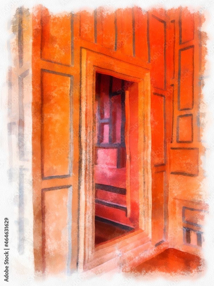 Fototapeta premium Ancient architecture of Thailand watercolor style illustration impressionist painting.