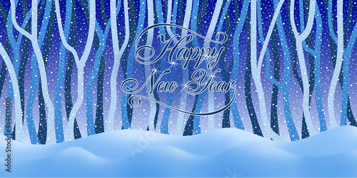 Festive New Year background. Winter forest, drifts, it is snowing.