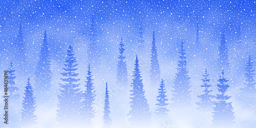 Winter landscape. Falling snow, forest and blizzard. Vector illustration, banner.