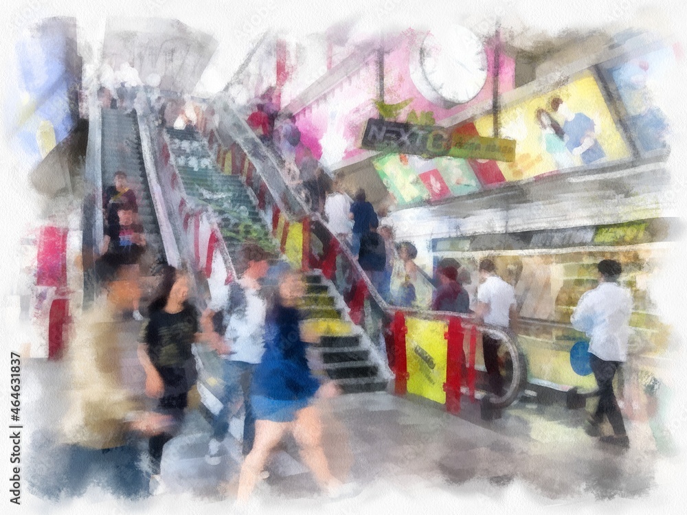 Passengers on the stairs of a train station watercolor style illustration impressionist painting.
