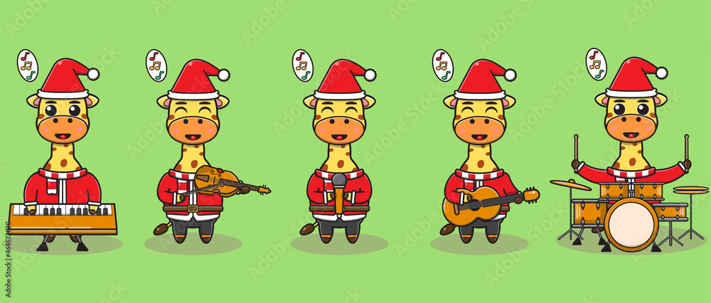 Vector illustration of Cute Giraffe Santa Claus play a musical instrument. Good for icon, label, sticker, clipart.