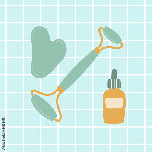 Gua Sha facial massage tools. Jade  roller, scraper and face oil.